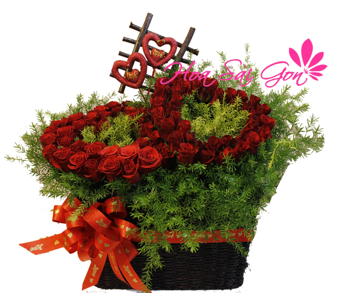 Giỏ hoa "Bên nhau trọn đời" gồm 70 hoa hồng đỏ kết một cách tinh tế