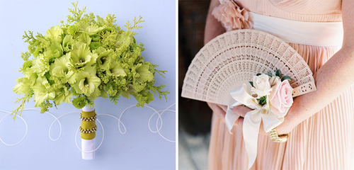 Cô dâu có thể chọn bó hoa đính cùng quạt hoặc chỉ bó đơn giản như bình thường