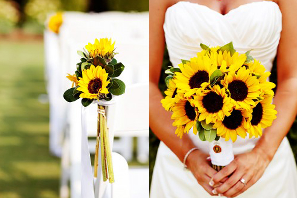 Sử dụng hoa hướng dương làm hoa cài áo chú rể ton sur ton với hoa cưới cô dâu